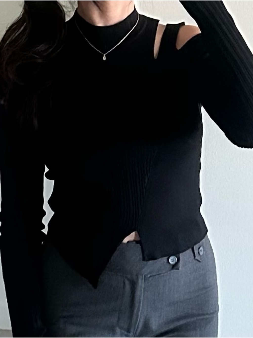 Black Long Sleeve Cutout Top